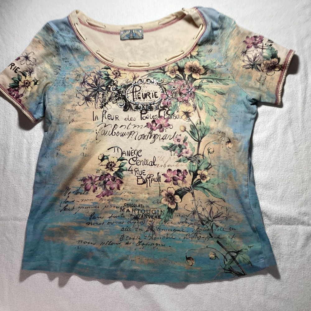 Vanilla Sugar Womens Graphic Tee Blue Floral French Script Rhinestone Large USA